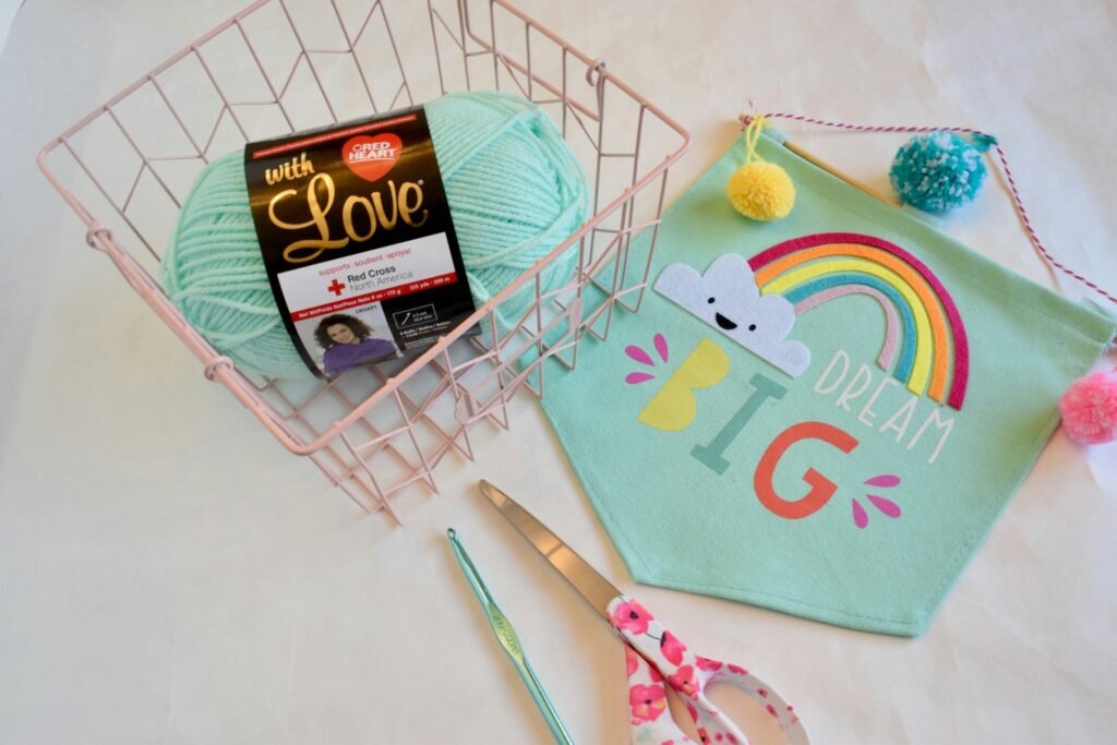 Beginner crochet tools and yarn arranged for starting a first project