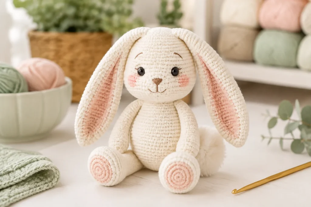Handmade ivory crochet amigurumi bunny with floppy ears