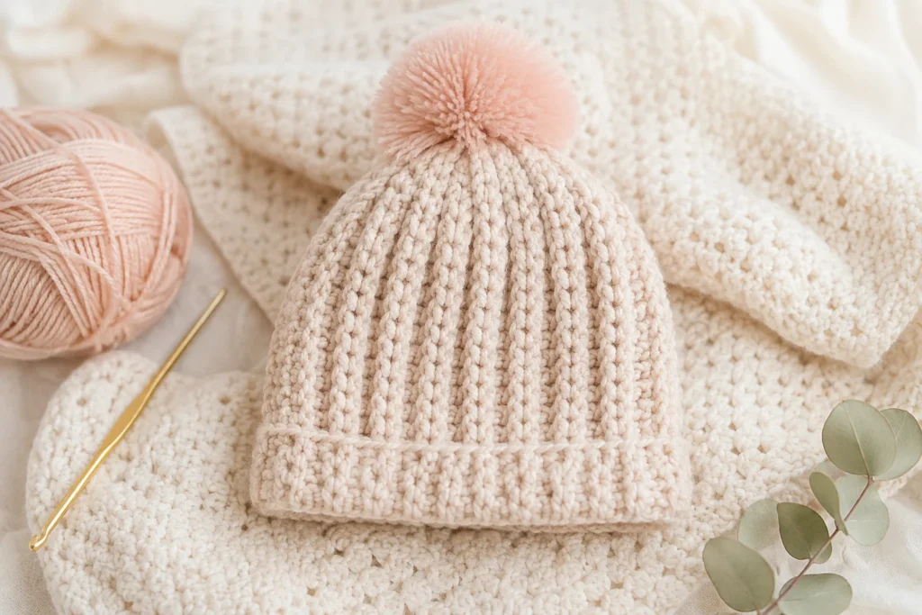 Soft ivory textured crochet baby beanie with pink pom-pom