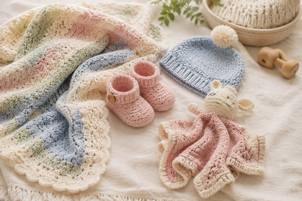 Pastel handmade baby crochet blanket, booties, beanie and lovey