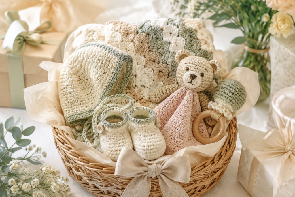 Gift basket filled with handmade crochet baby gifts