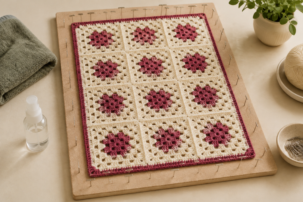 Cream and berry granny-square crochet panel pinned evenly to a blocking board with T-pins