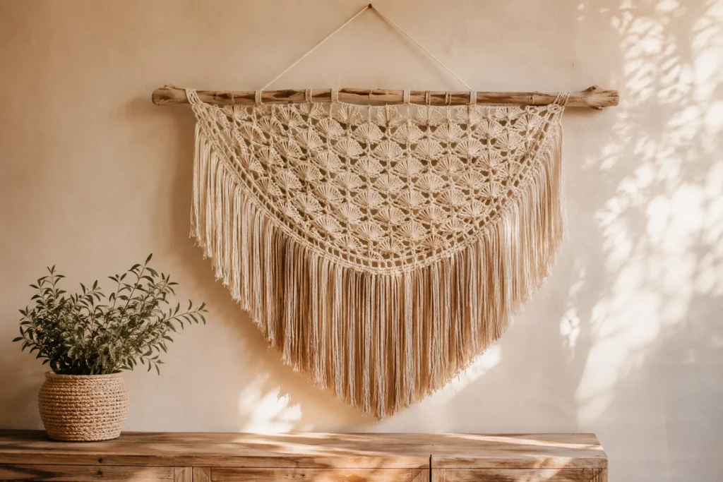 Neutral crochet boho wall hanging with long fringe and driftwood