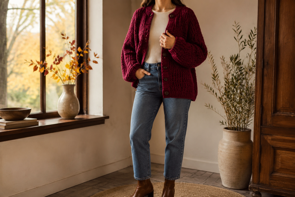 Woman styling a berry crochet cardigan with a cream top, straight-leg jeans, and ankle boots in warm autumn light