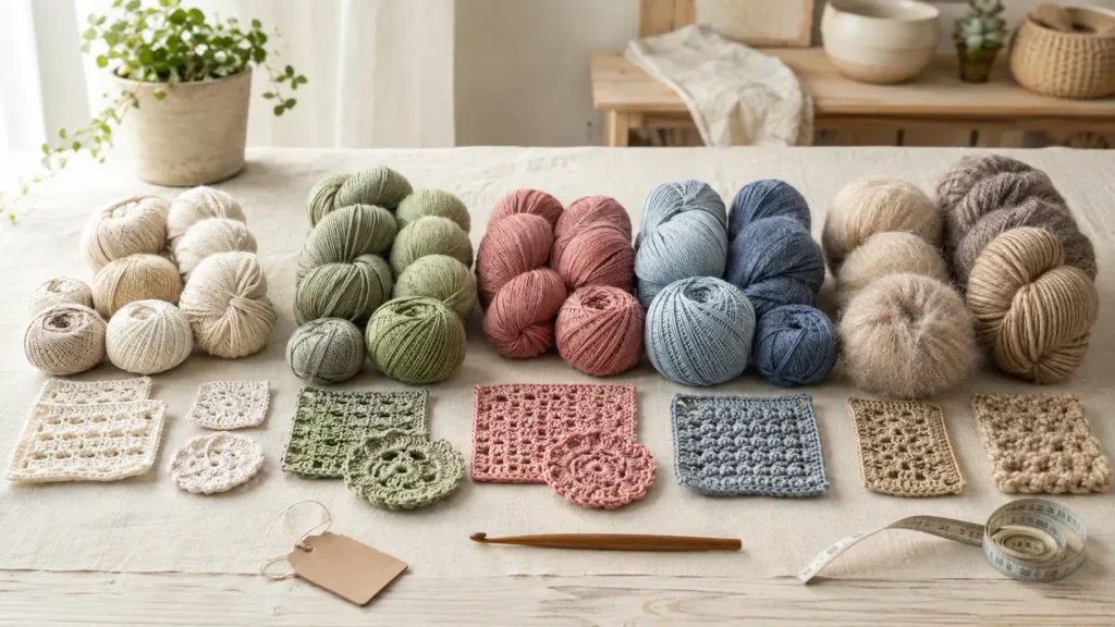 Different yarn fibers and weights arranged with matching crochet samples