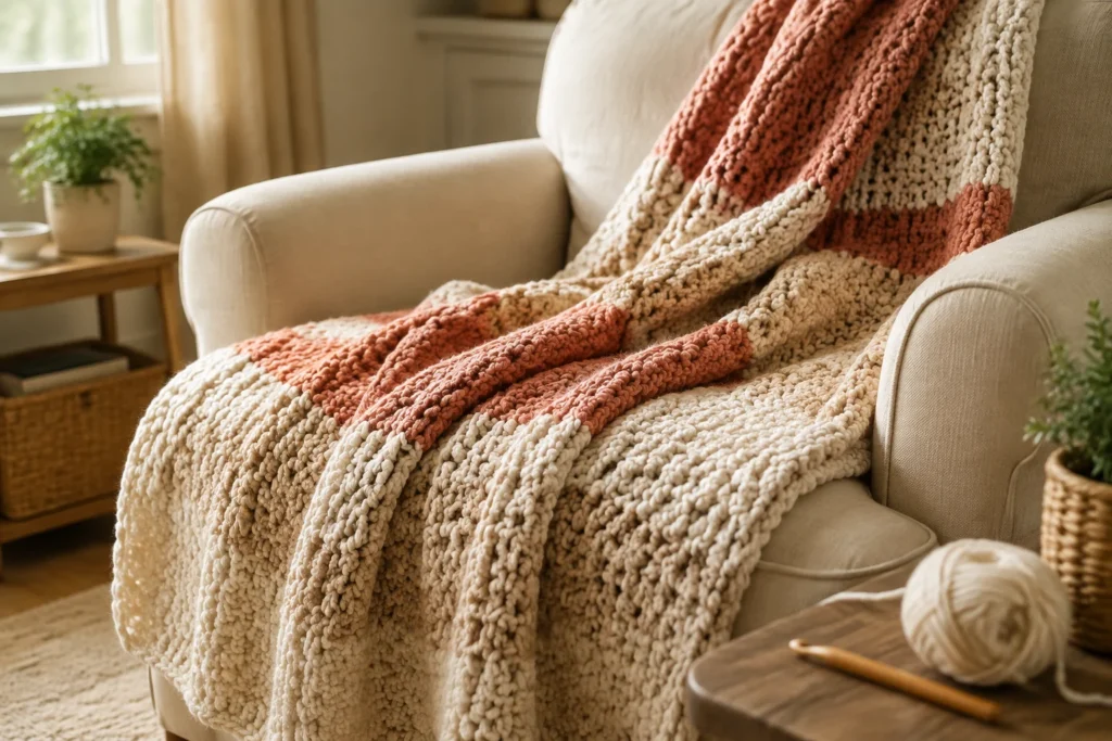Cozy chunky crochet blanket draped over a cream armchair
