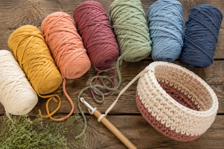 A flatlay of colorful recycled t-shirt yarn skeins arranged in a rainbow pattern on a rustic wooden table, with a crochet hook and a half-finished basket visible. Bright natural lighting, overhead shot, lifestyle photography style.