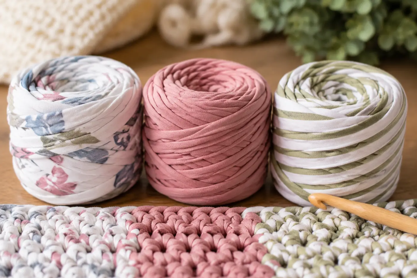 Close-up comparison photo showing three types of t-shirt yarn side by side: one made from a patterned old t-shirt, one solid-colored manufacturing waste yarn, and one hand-cut from a striped shirt. Macro photography, soft focus background, natural light.