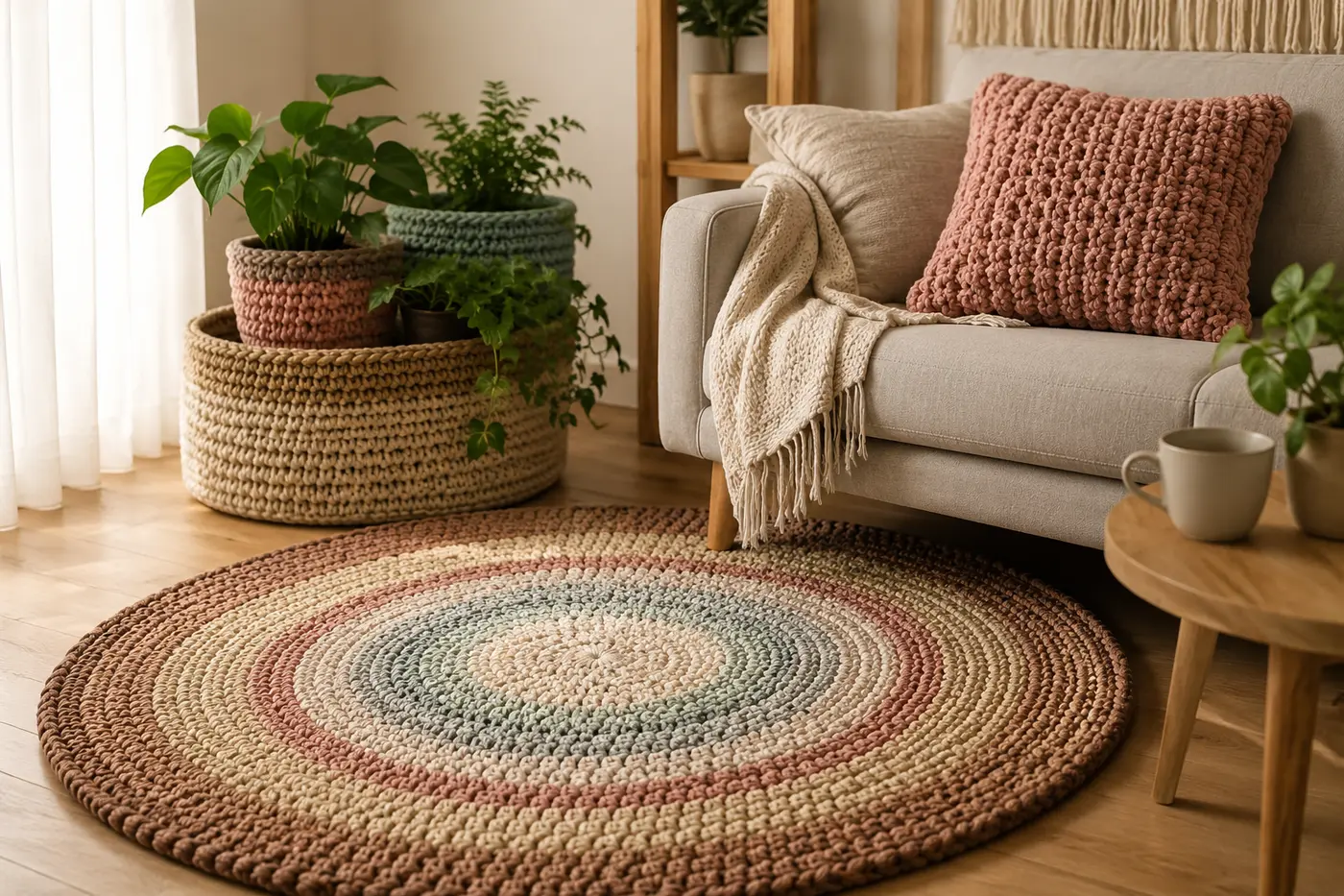 A beautifully styled living room corner featuring multiple crocheted t-shirt yarn items: a large round rug in earth tones, stacked nesting baskets holding plants, and a chunky throw pillow on a modern sofa. Scandinavian interior design style, warm lighting, editorial photography.