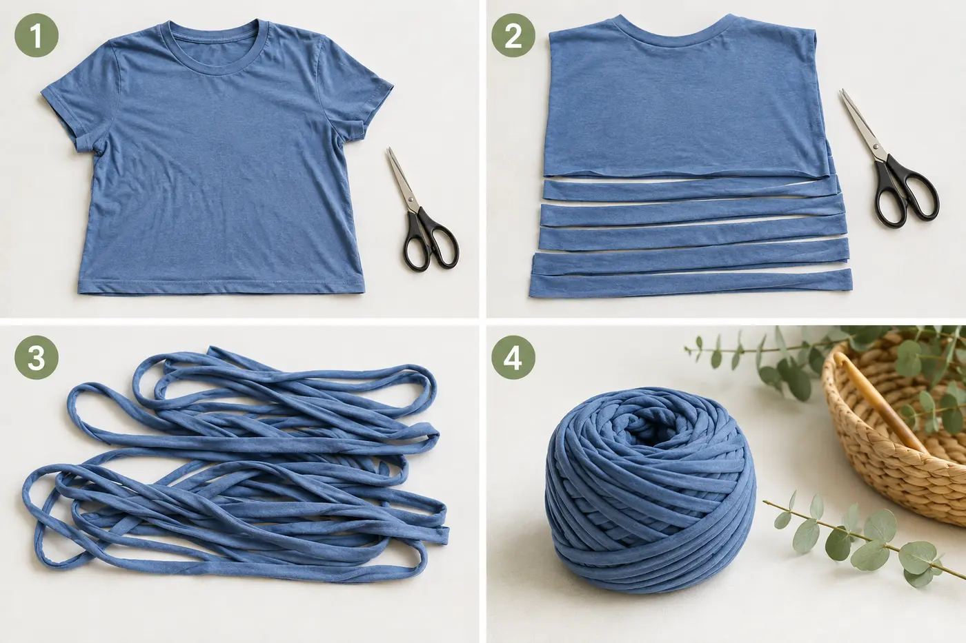 Step-by-step tutorial-style flat lay showing the process of making t-shirt yarn: an old blue t-shirt, scissors, the shirt being cut in strips, and the finished ball of t-shirt yarn. Clean white background, instructional photography style, numbered steps visible.
