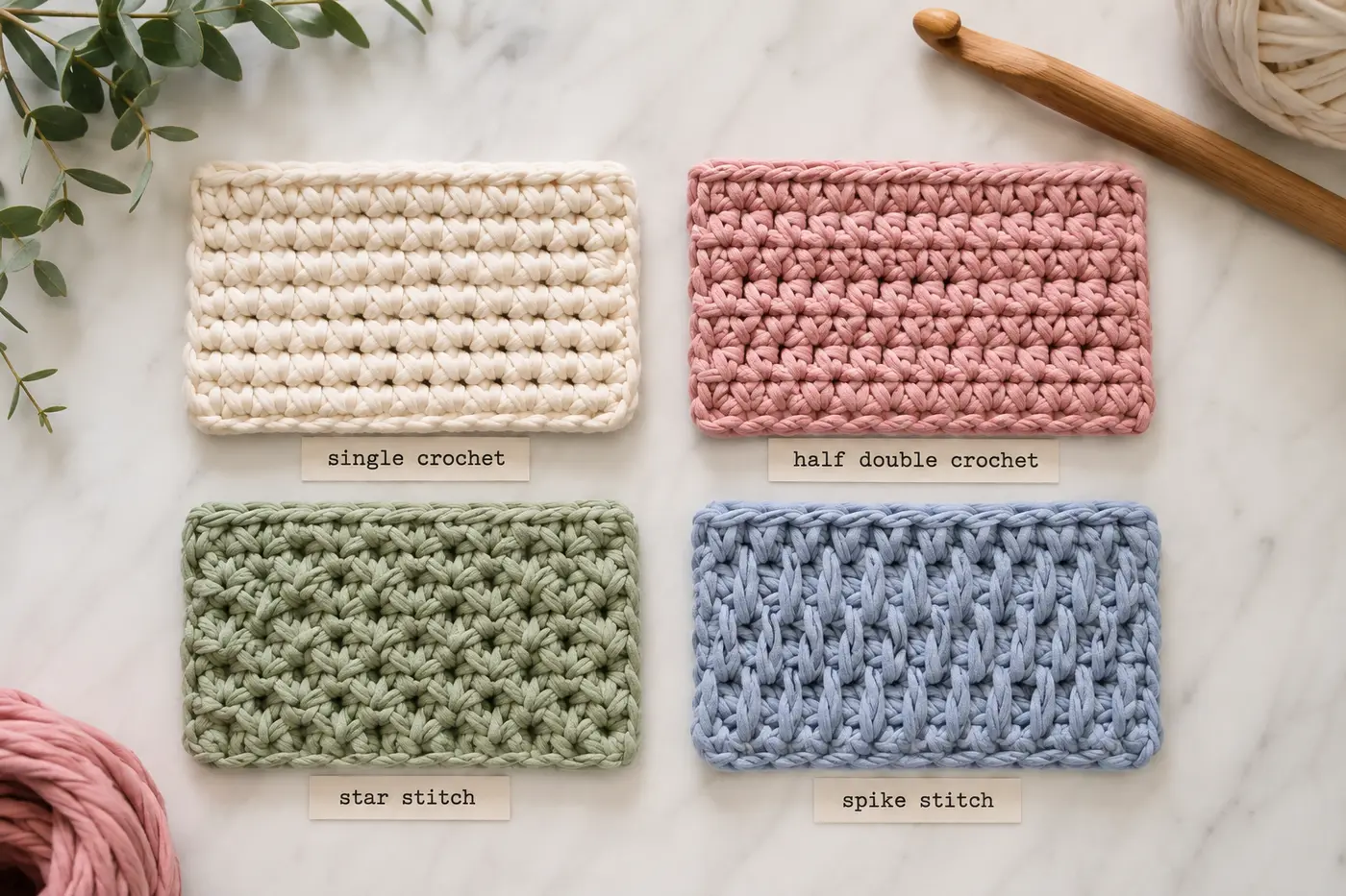 A swatch sampler showing different crochet stitches worked in t-shirt yarn, each labeled: single crochet, half double crochet, star stitch, and spike stitch. Pastel colored yarn on a light marble surface, educational craft photography.