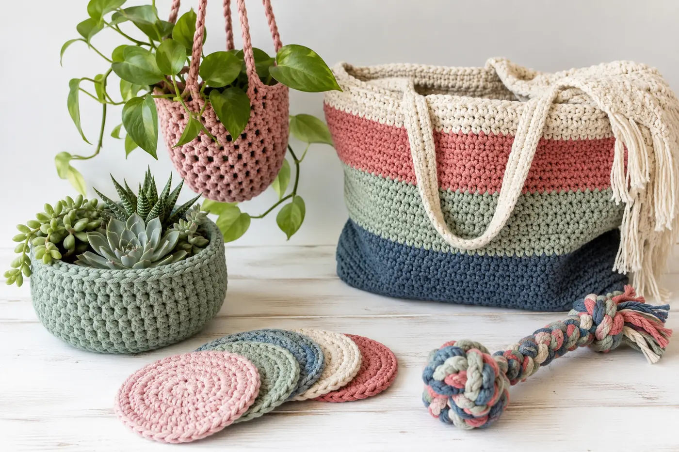 A collection of five beginner t-shirt yarn crochet projects arranged on a white wooden surface: a round basket holding succulents, a colorful market tote bag, a set of pastel coasters, a hanging plant holder with a trailing pothos plant, and a braided dog toy. Styled lifestyle photography, bright and airy.