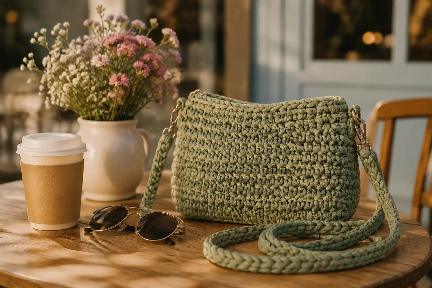 A beautifully styled photo of a crocheted t-shirt yarn crossbody bag in sage green, styled with sunglasses, a coffee cup, and wildflowers on a café table. Fashion lifestyle photography, shallow depth of field, warm golden hour lighting.