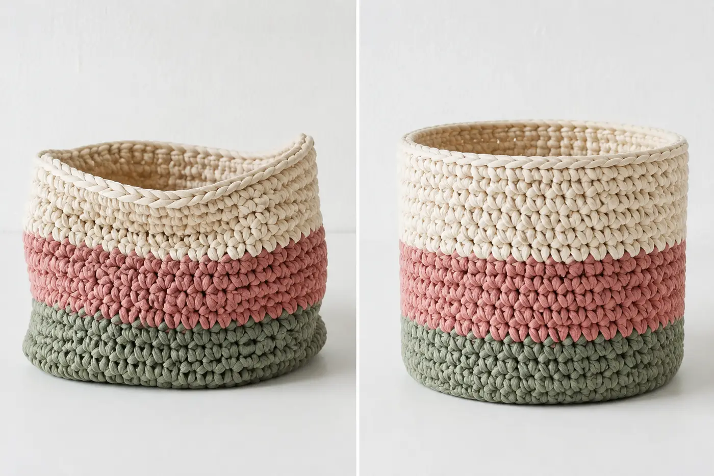 A split image showing a 'before and after' of a crocheted t-shirt yarn basket - the left side showing the unblocked, slightly misshapen basket, and the right side showing the same basket after blocking and stiffening, looking perfectly shaped and professional. Clean white background, comparison photography.