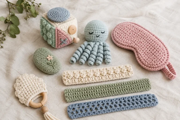 A calming flat lay of various crocheted sensory items arranged on a soft linen background: a textured fidget cube, a worry stone cover, a breathing buddy plush, sensory strips in different stitches, and a weighted eye mask. Soft pastel colors, muted tones, peaceful aesthetic, wellness photography style.