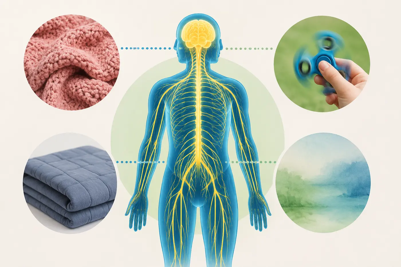 An infographic-style illustration showing a human silhouette with the nervous system highlighted, surrounded by icons of different sensory inputs: touch (textured fabric), pressure (weighted blanket), movement (fidget spinner), and sight (calming colors). Clean, modern design, calming blue and green color palette, educational style.