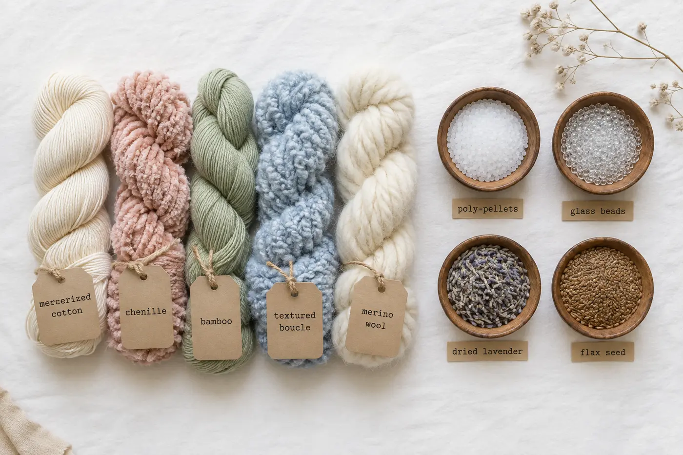 A flat lay of different yarn types arranged in a gradient from smooth to textured, with small labels identifying each type: mercerized cotton, chenille, bamboo, textured boucle, and merino wool. Next to them are small bowls containing different filling materials: poly-pellets, glass beads, dried lavender, and flax seed. Organized, educational photography, clean white background.