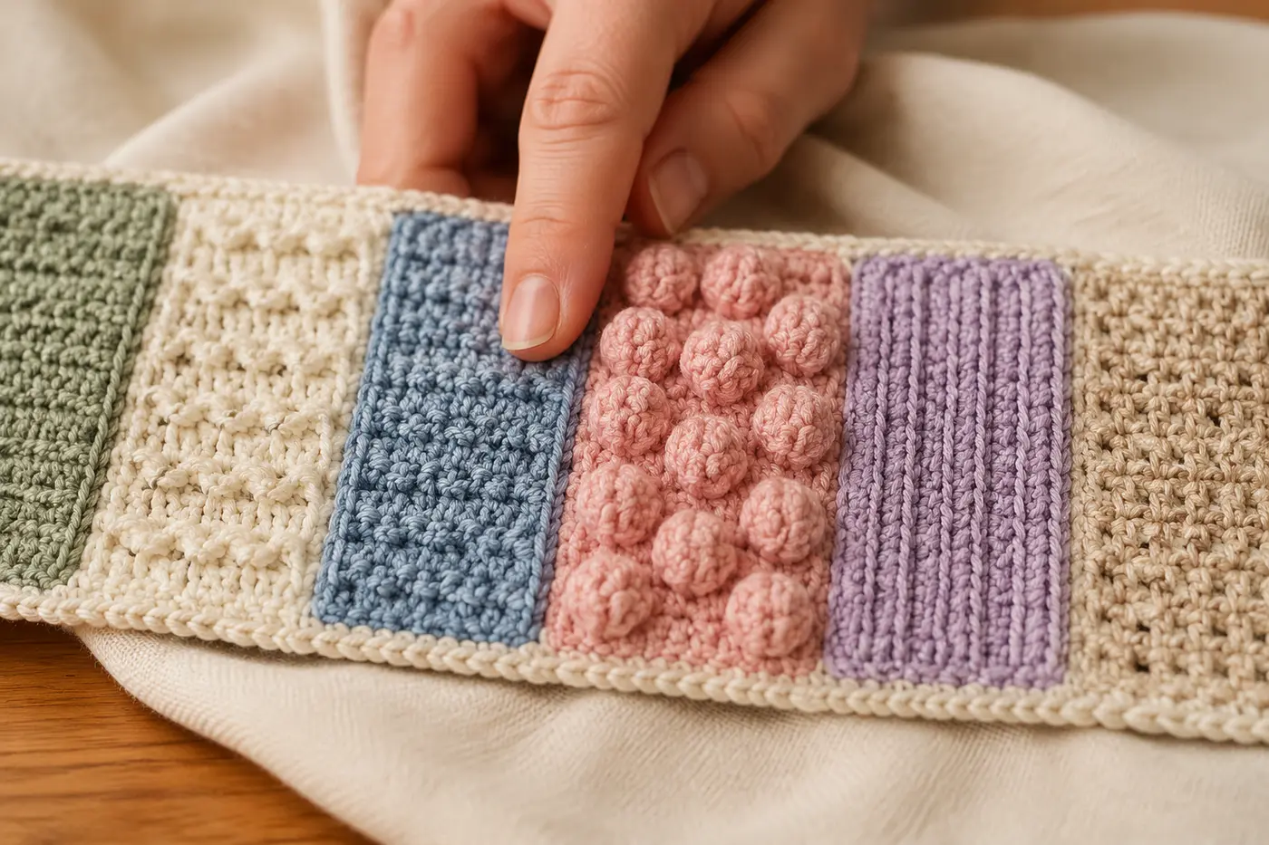 Close-up photo of a crocheted sensory strip showing six distinct texture sections in calming colors (sage green, cream, dusty blue, soft pink, lavender, sand), with a person's fingers gently touching the bobble stitch section. Shallow depth of field, warm lighting, therapeutic wellness photography.