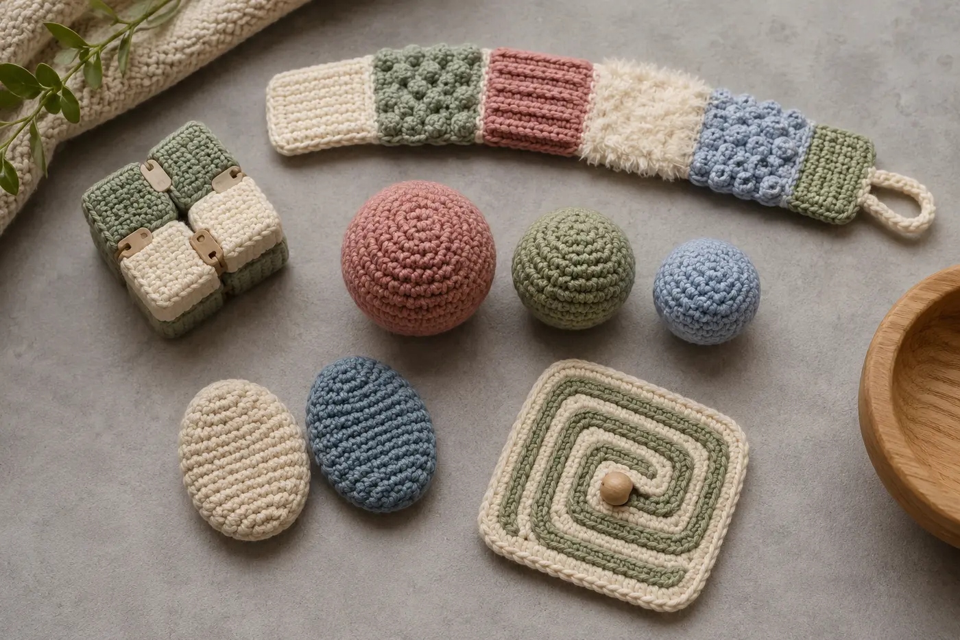 A collection of crocheted fidget items arranged in a circle on a soft gray background: an infinity cube in sage and cream, a multi-texture sensory strip, three stress balls in different sizes, two crocheted worry stones, and a marble maze pad. Overhead shot, mindfulness/wellness aesthetic, soft natural lighting.