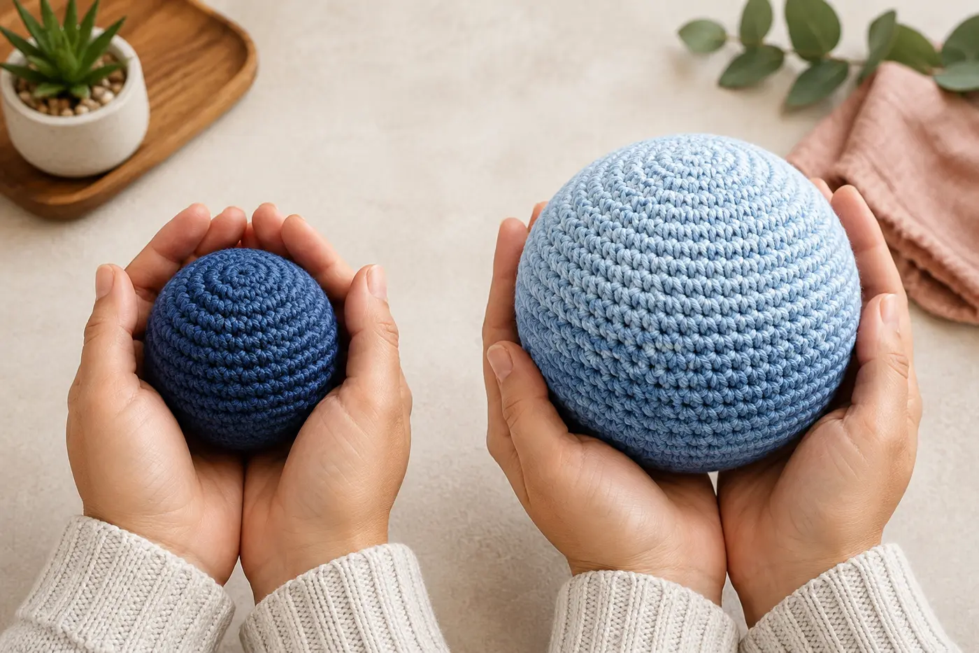 A crocheted breathing buddy sphere shown in two states side by side: compressed (small, tight) on the left and expanded (large, open) on the right. Made in a gradient from deep blue (compressed) to light sky blue (expanded). Held in gentle hands. Clean background, calming wellness photography, visual breathing guide aesthetic.