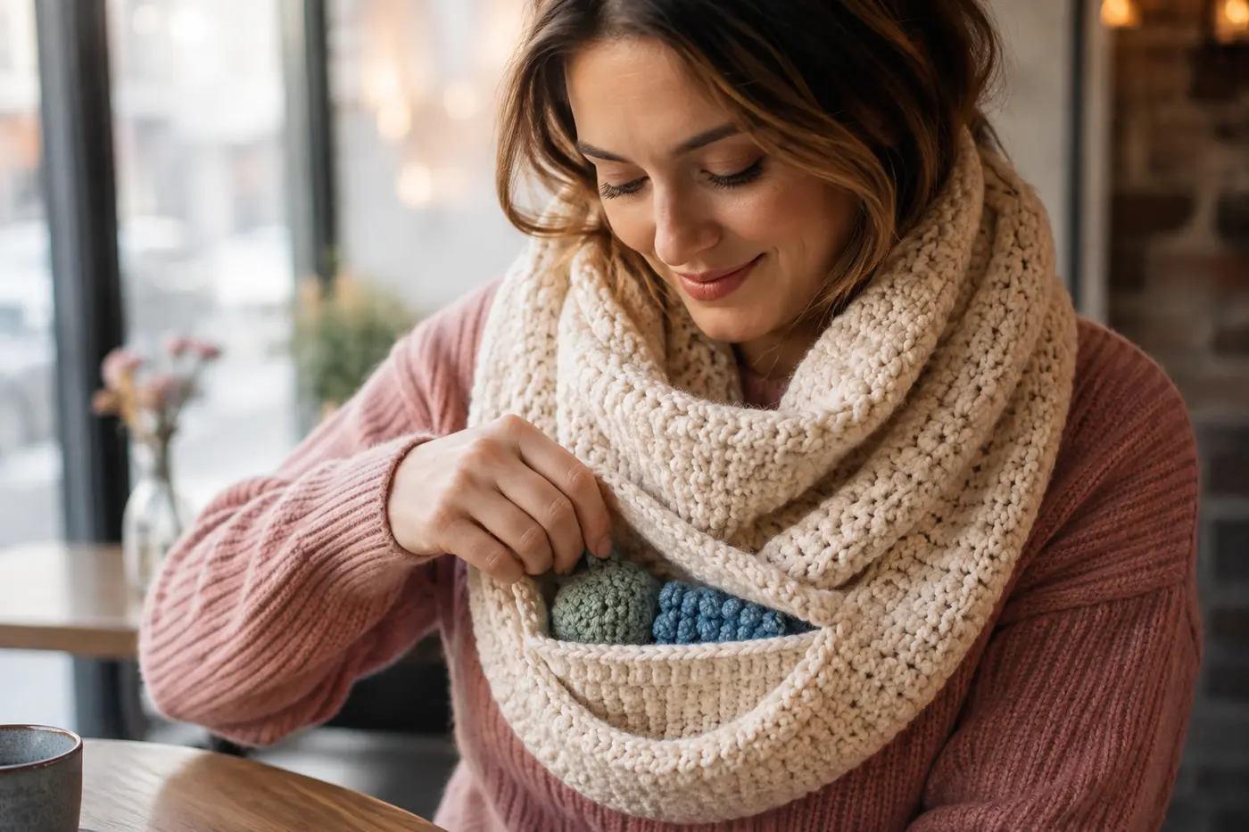 A woman wearing a cozy crocheted infinity scarf in soft cream chenille yarn, with her hand slipping into a hidden interior pocket. Inside the pocket, we can see a small crocheted stress ball and a textured sensory patch. Warm, cozy winter aesthetic, lifestyle photography, soft focus background showing a café setting.