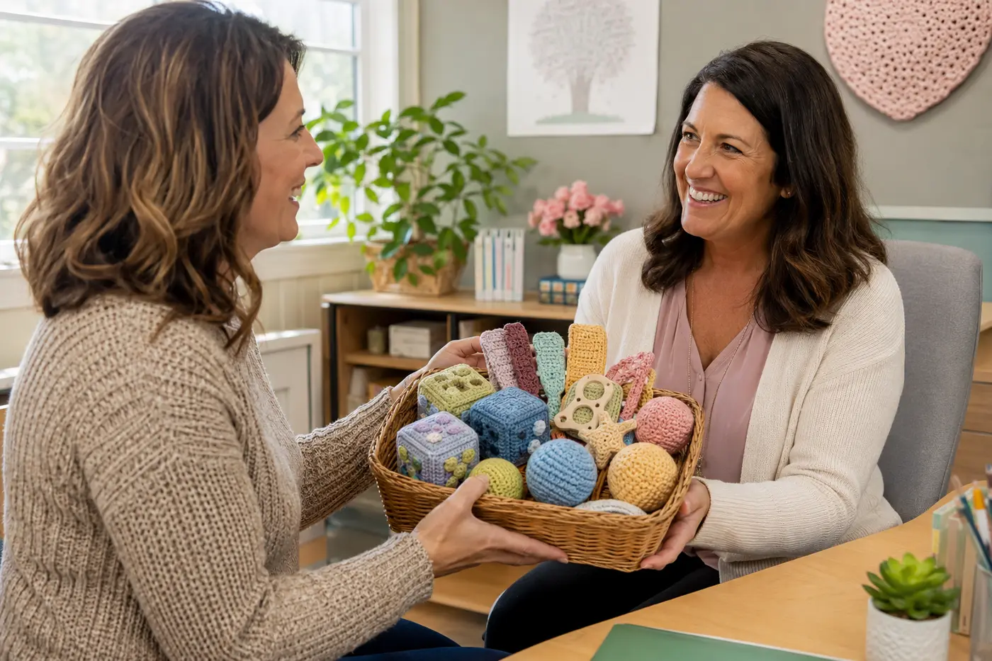 A heartwarming scene of a crocheter presenting a gift basket of handmade sensory items to a school counselor. The basket contains colorful fidget cubes, stress balls, sensory strips, and worry stones. The setting is a bright school office. Warm, community-focused photography, genuine smiles, natural lighting.