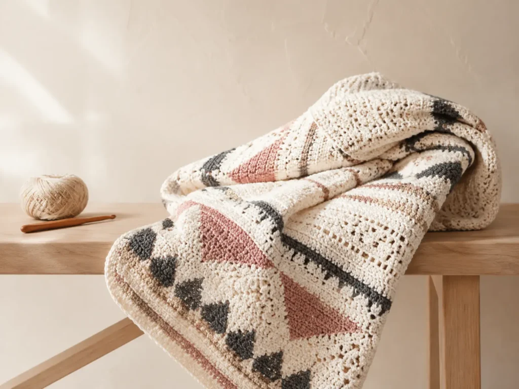 Modern cream crochet throw with dusty-rose and charcoal accents on a pale wooden bench