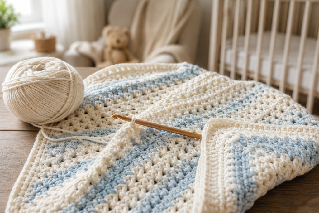 Cream and pale blue baby blanket in progress with yarn and crochet hook