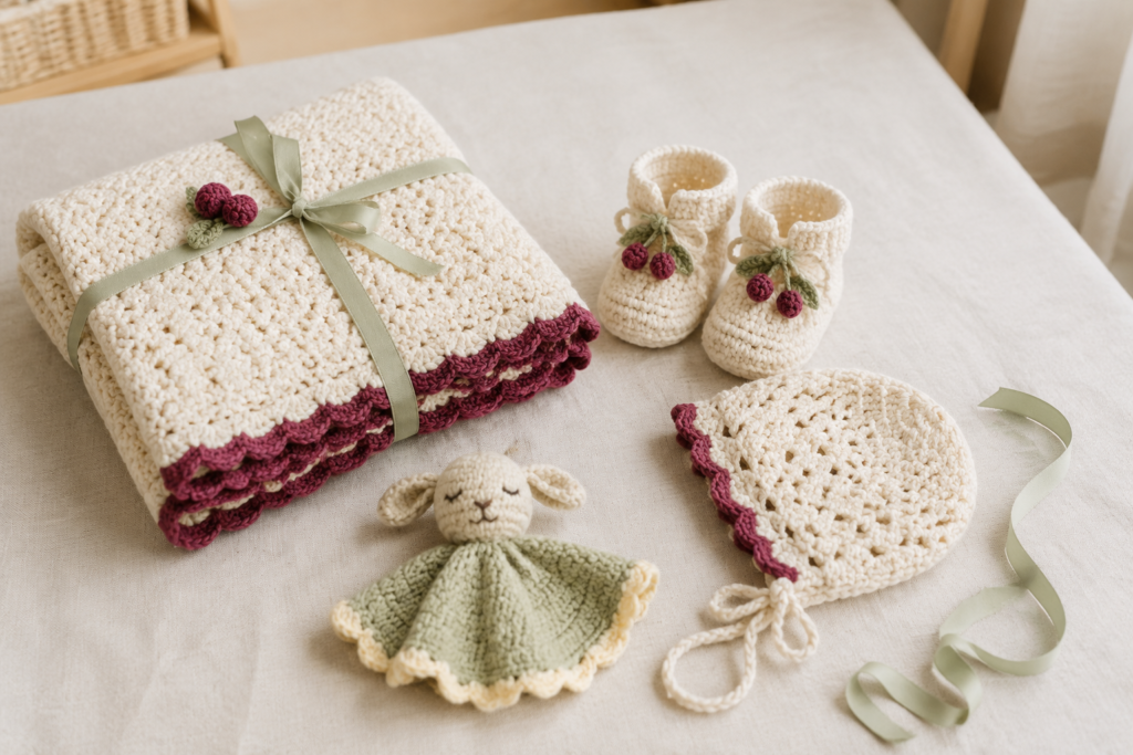 Cream crochet baby blanket, booties, bonnet, and comfort toy arranged as a baby-shower gift set
