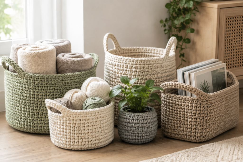 Collection of sturdy crochet baskets used for towels, yarn, plants and magazines
