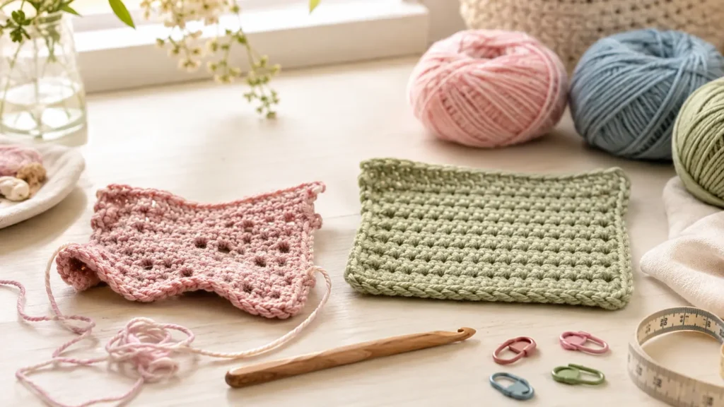 Uneven beginner crochet swatch beside a neat corrected swatch with hook, yarn, stitch markers and measuring tape