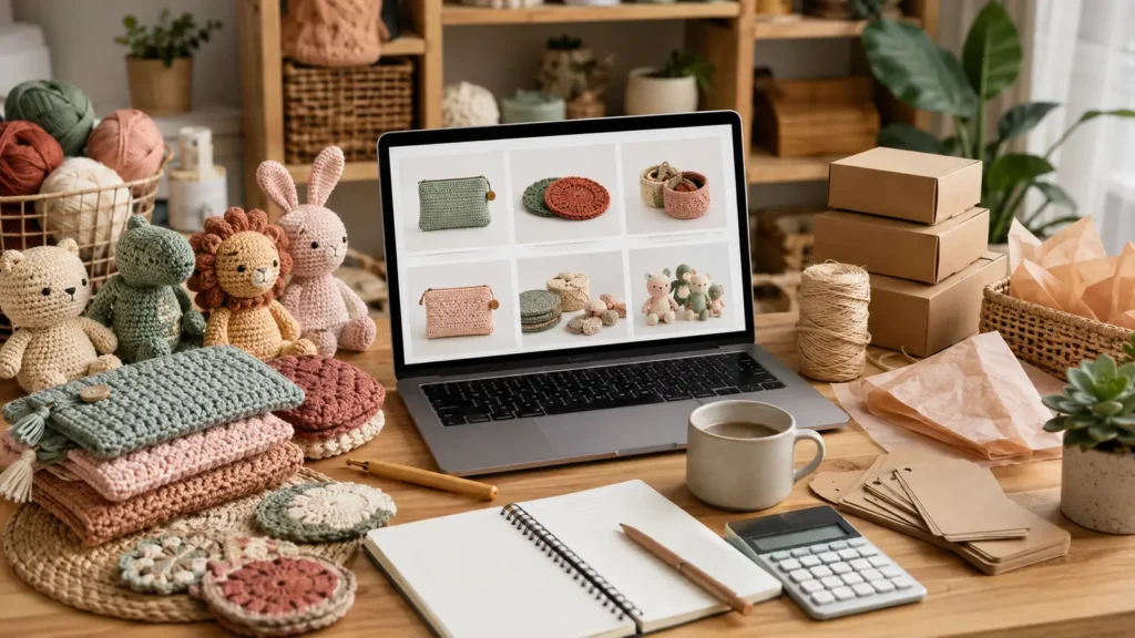 Organized crochet business workspace with handmade products, packaging, laptop, notebook and calculator