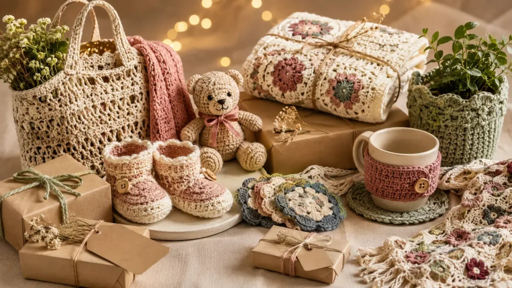 Crochet baby booties, bear, blanket, scarf, market bag, coasters, mug cozy and plant cover arranged as gifts