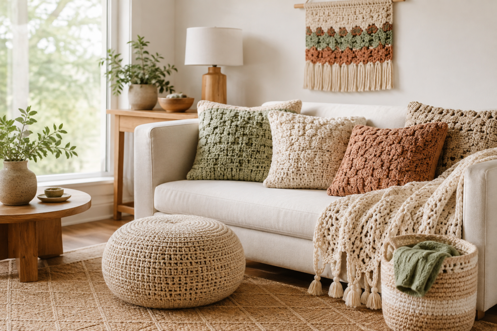 Modern living room styled with crochet pillows, blanket, pouf and basket