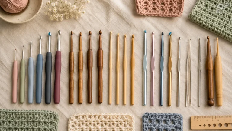 Ergonomic, wooden, bamboo, aluminum and steel crochet hooks arranged with yarn and crochet swatches