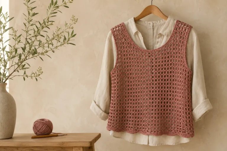 Dusty rose crochet mesh vest layered over a cream linen shirt