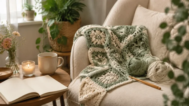 Calm crochet self-care setting with a sage granny-square blanket, yarn, tea, candle and journal