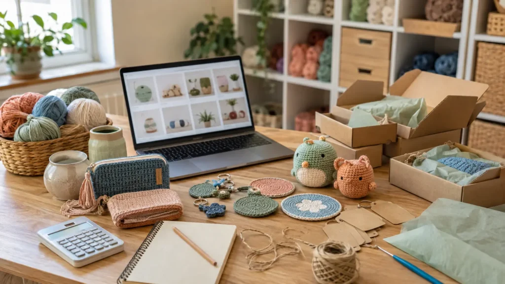 Home crochet side-hustle workspace with handmade products, packaging, laptop, calculator and yarn