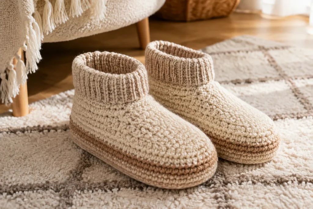 Pair of warm cream handmade crochet slippers with ribbed cuffs