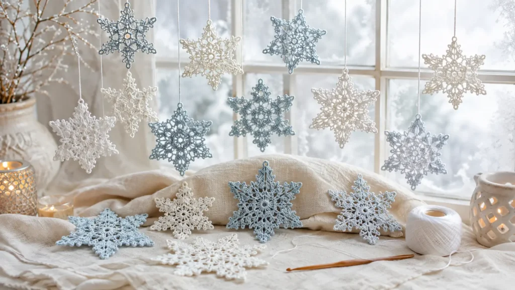 Fifteen delicate white and blue crochet snowflakes displayed by a frosted winter window
