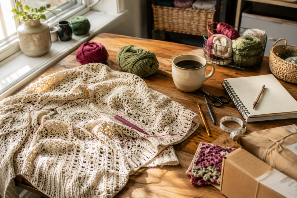 Sunlit crochet studio table with yarn, hooks, notebook, garment, and packing supplies