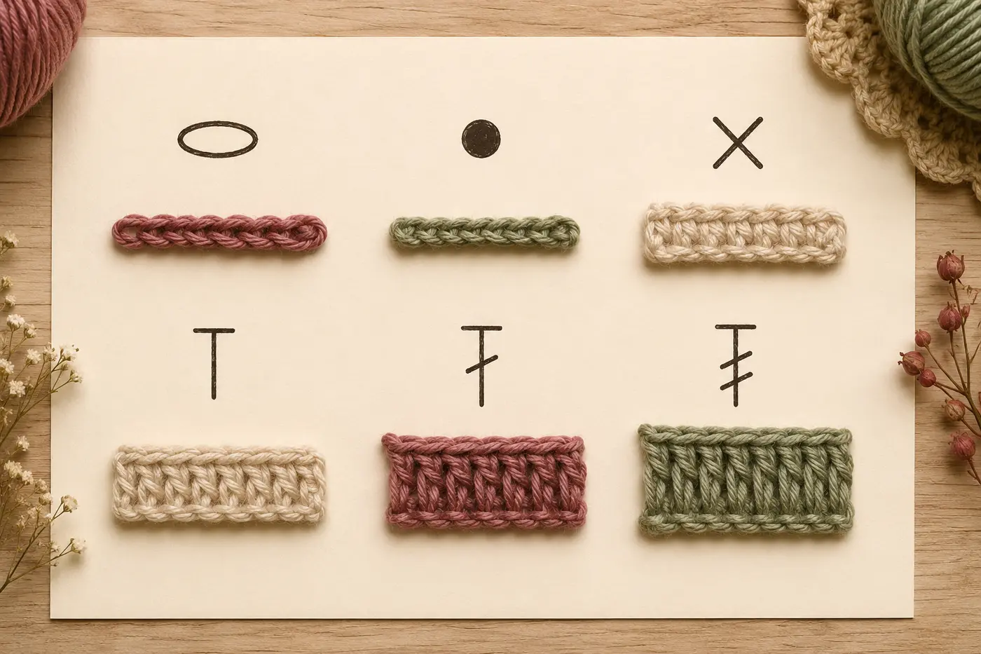 Common crochet chart symbols paired with chain, slip stitch, single crochet, half double crochet, double crochet and treble crochet samples