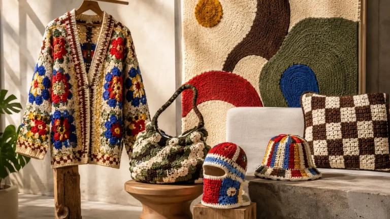 Fashion-forward crochet cardigan, sculptural bag, balaclava, bucket hat, cushion and fiber wall art