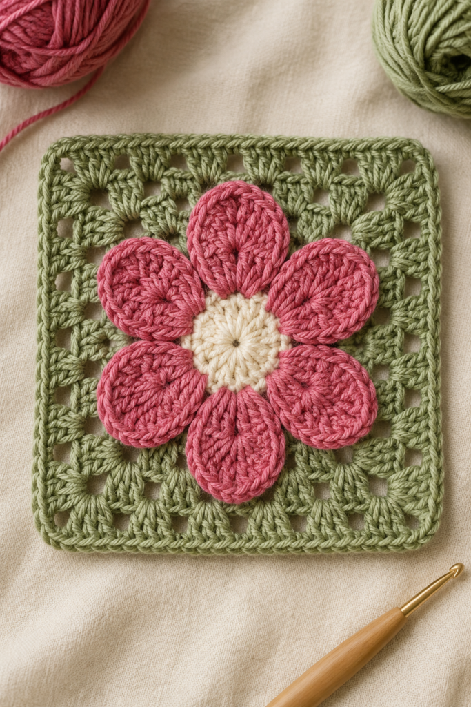 Easy six-petal flower granny square crocheted in berry pink and sage green