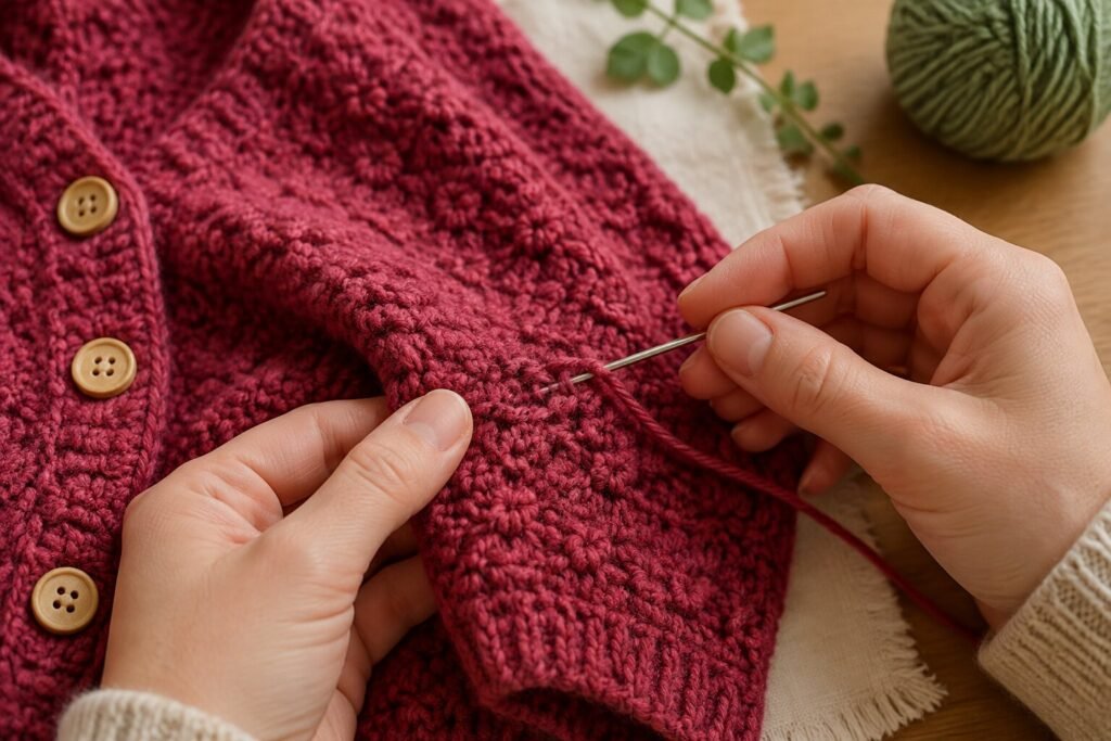 Hands repairing a small snag in a berry crochet cardigan with a blunt yarn needle