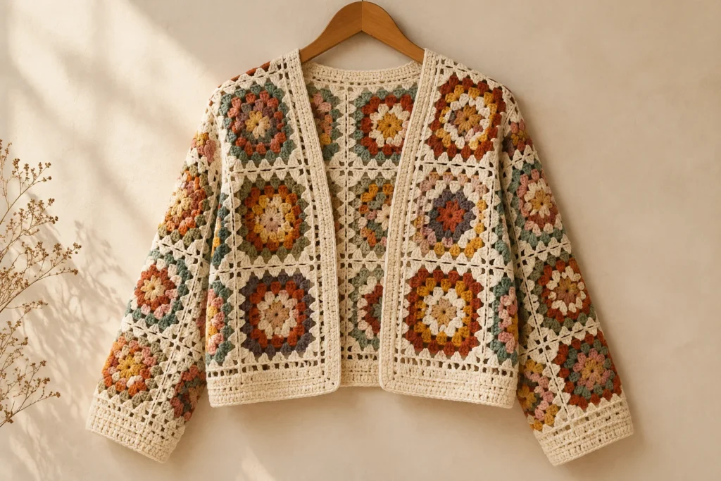 Colorful handmade granny square crochet cardigan on a wooden hanger