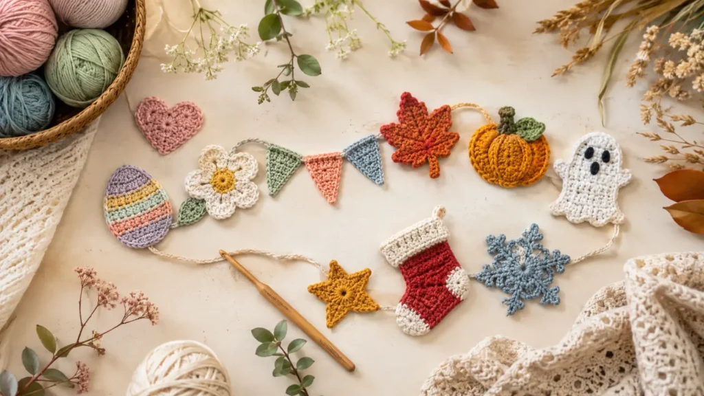 Crocheted holiday motifs arranged in a year-round handmade garland