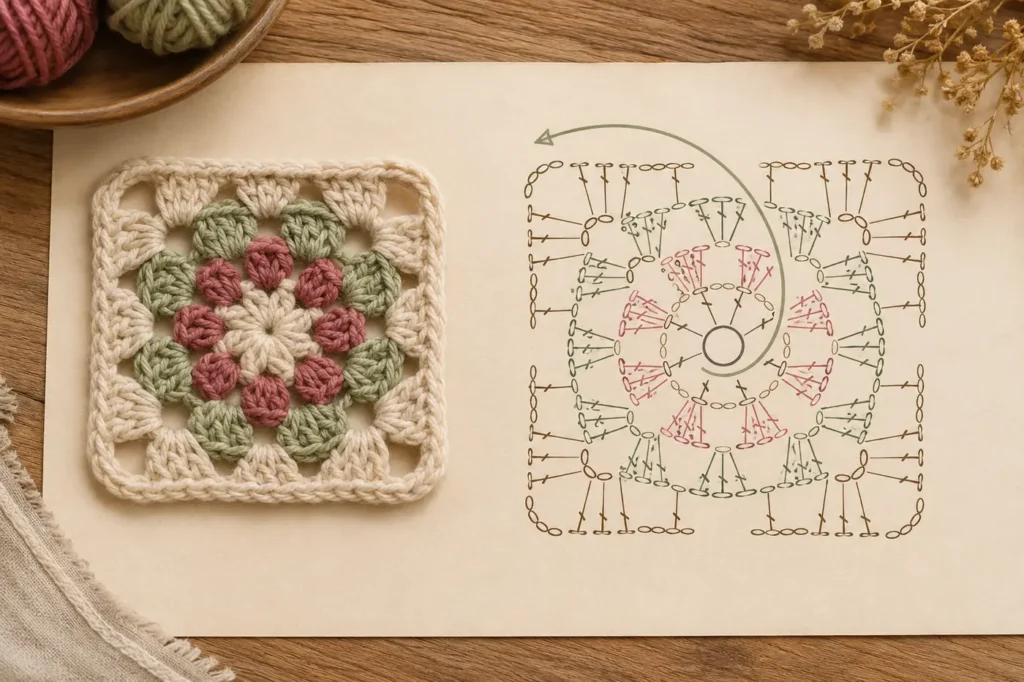 Crochet motif beside a chart read from the center outward in rounds