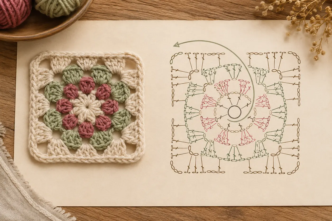 Crochet motif beside a chart read from the center outward in rounds