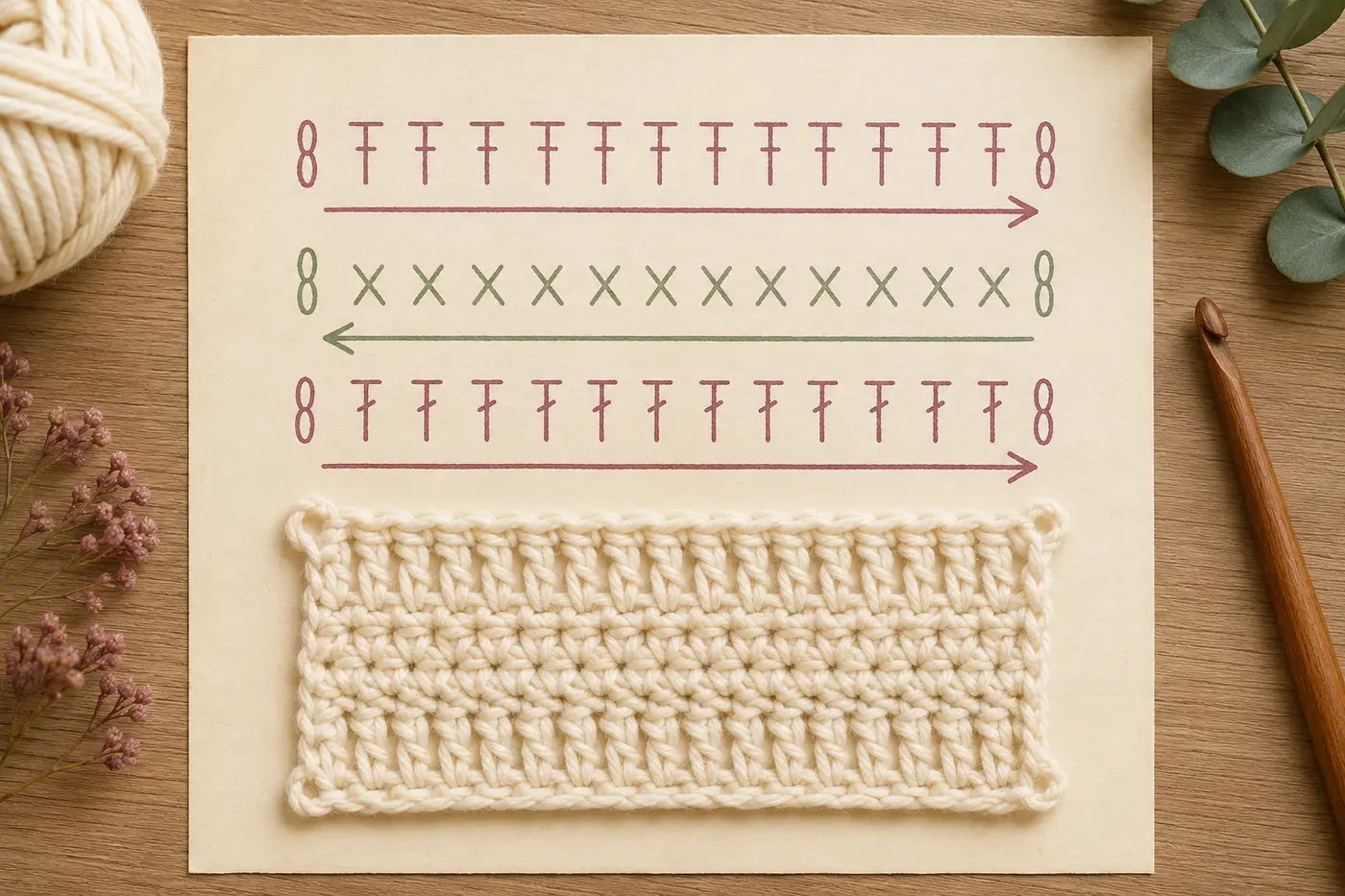 Crochet chart showing alternating right-to-left and left-to-right row directions above a crochet swatch